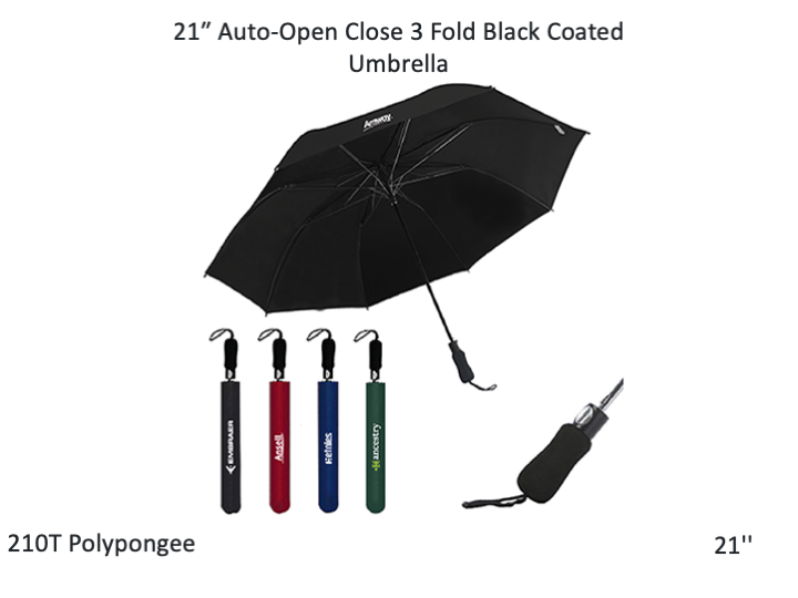 21″ Auto-Open Close 3 Fold Black Coated Umbrella