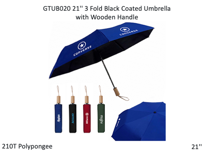 21'' 3 Fold Black Coated Umbrella with Wooden Handle